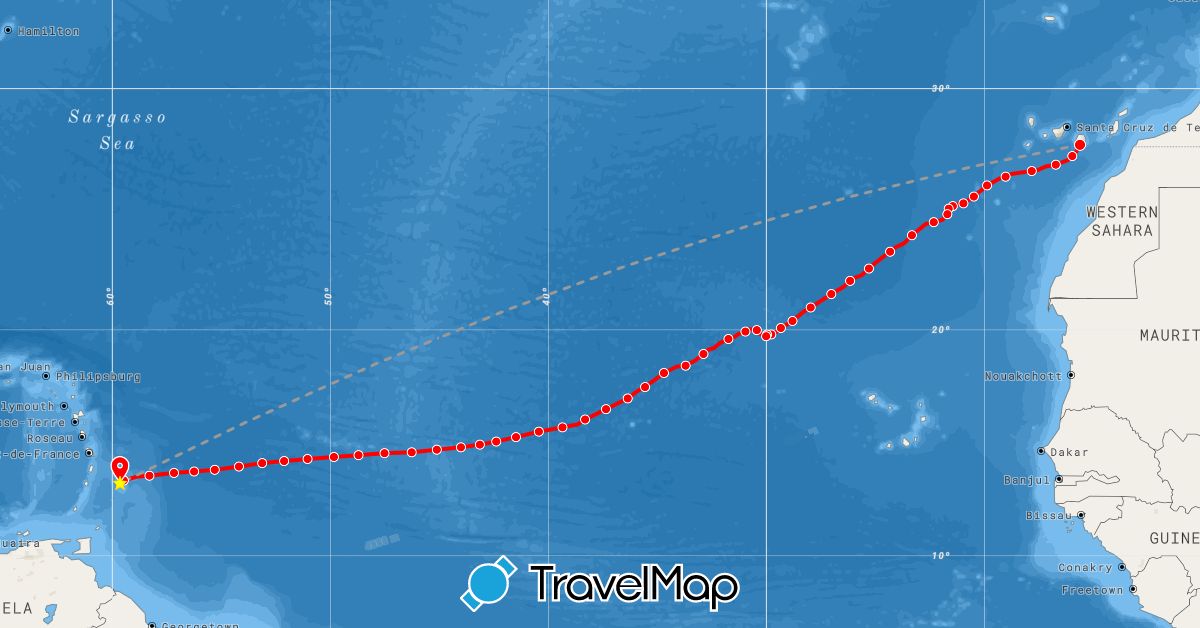 TravelMap itinerary: plane, rowing in Barbados, Spain (Europe, North America)